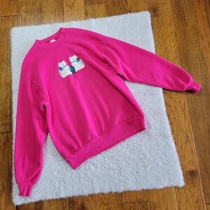 Vintage 90s Cat Applique Sweatshirt Women's Large Hot Pink Cute Kawaii Folk Art